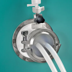 AdvantaPass Aseptic Transfer Cleanroom Pass-Through technology sitting on a teal cleanroom wall