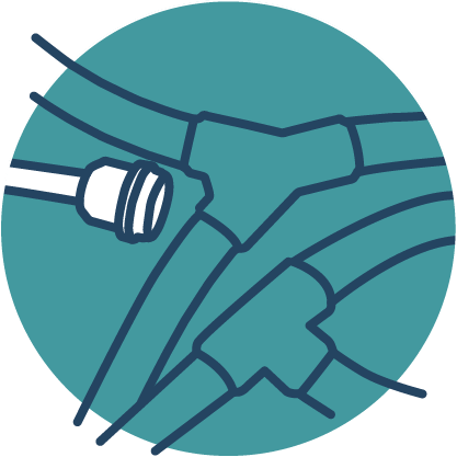 Icon of illustrations of an overmolded T and Y connection and a molded fitting on a teal circle