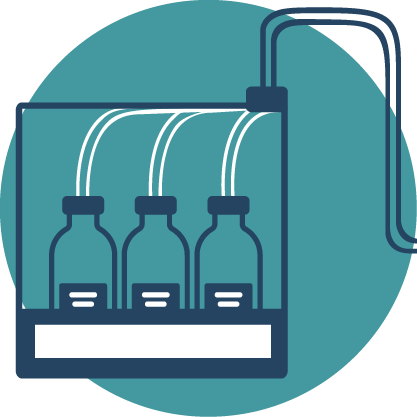Icon of illustration of Fill Fill - 3 bottles in a final fill finish, bulk filling machine on teal circle