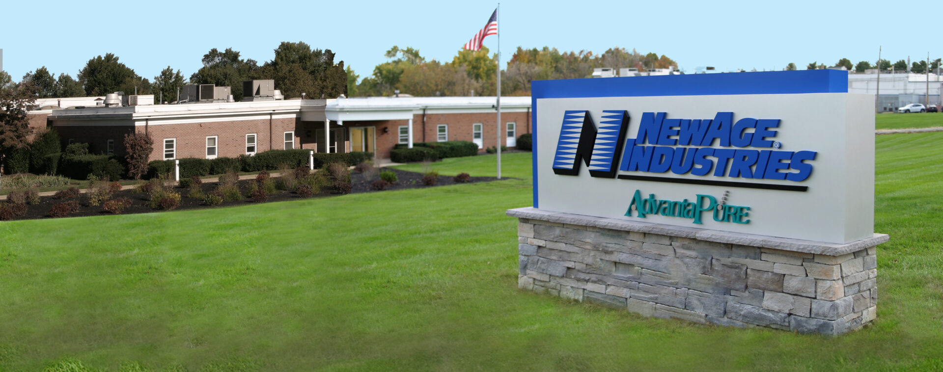 New Age Industries/AdvantaPure sign in front of Warrington Facility